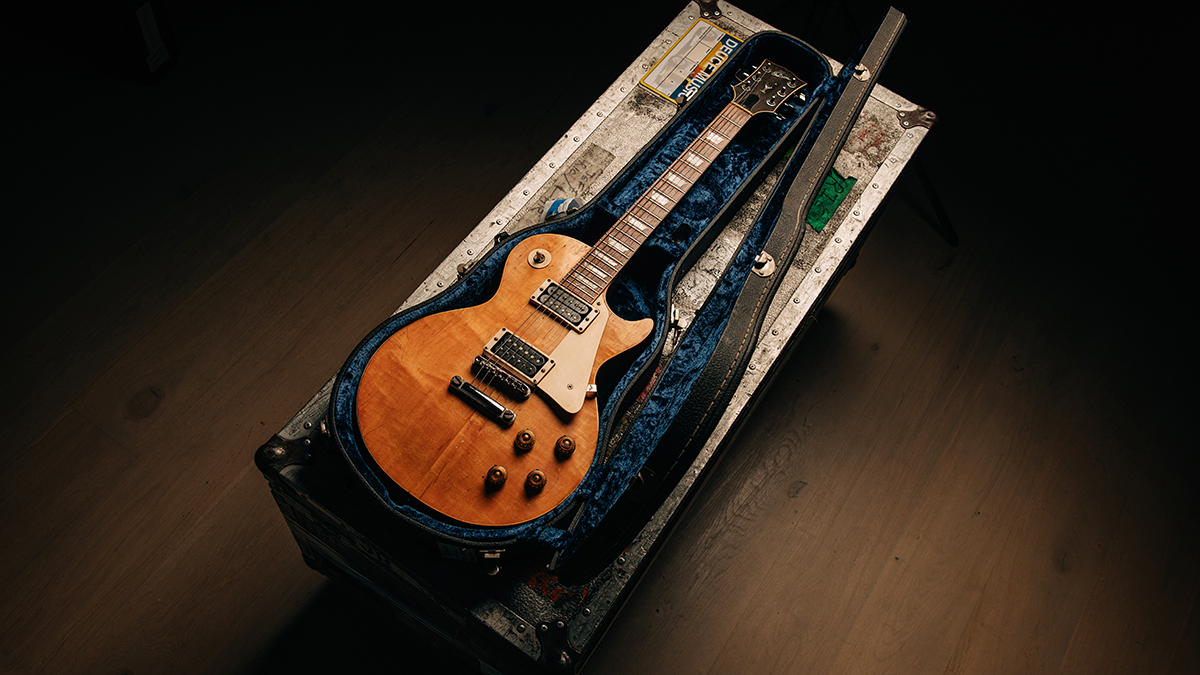 Detail of Jeff Beck &#039;modded&#039; guitar, a 1959 Yardburst, with stripped-finish look