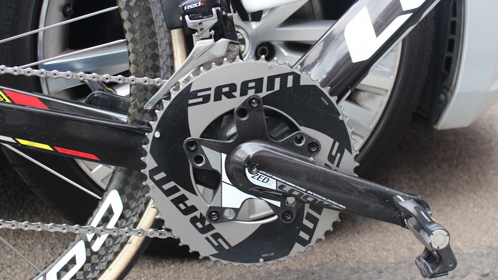 The crankset is a combination of Look Zed2 cranks and a massive 55T SRAM chainset