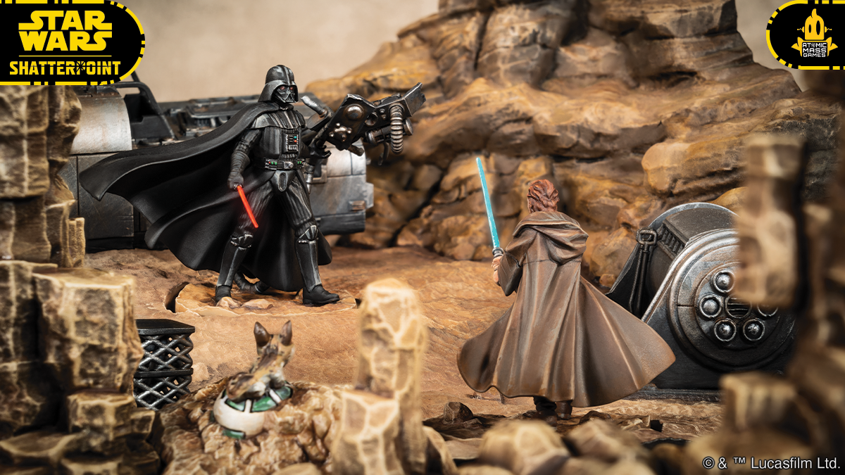 Darth Vader approaching Obi Wan Kenobi in Star Wars Shatterpoint.
