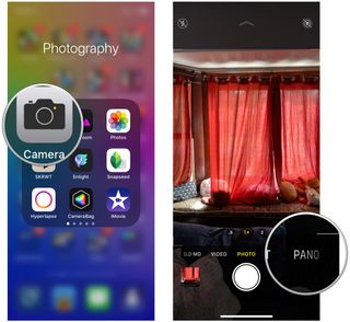 How to take a panorama on iPhone or iPad by showing steps: Launch Camera, tap or swipe to Pano