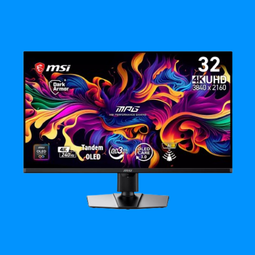 The MSI MPG322UR X24 4K OLED gaming monitor on a blue background
