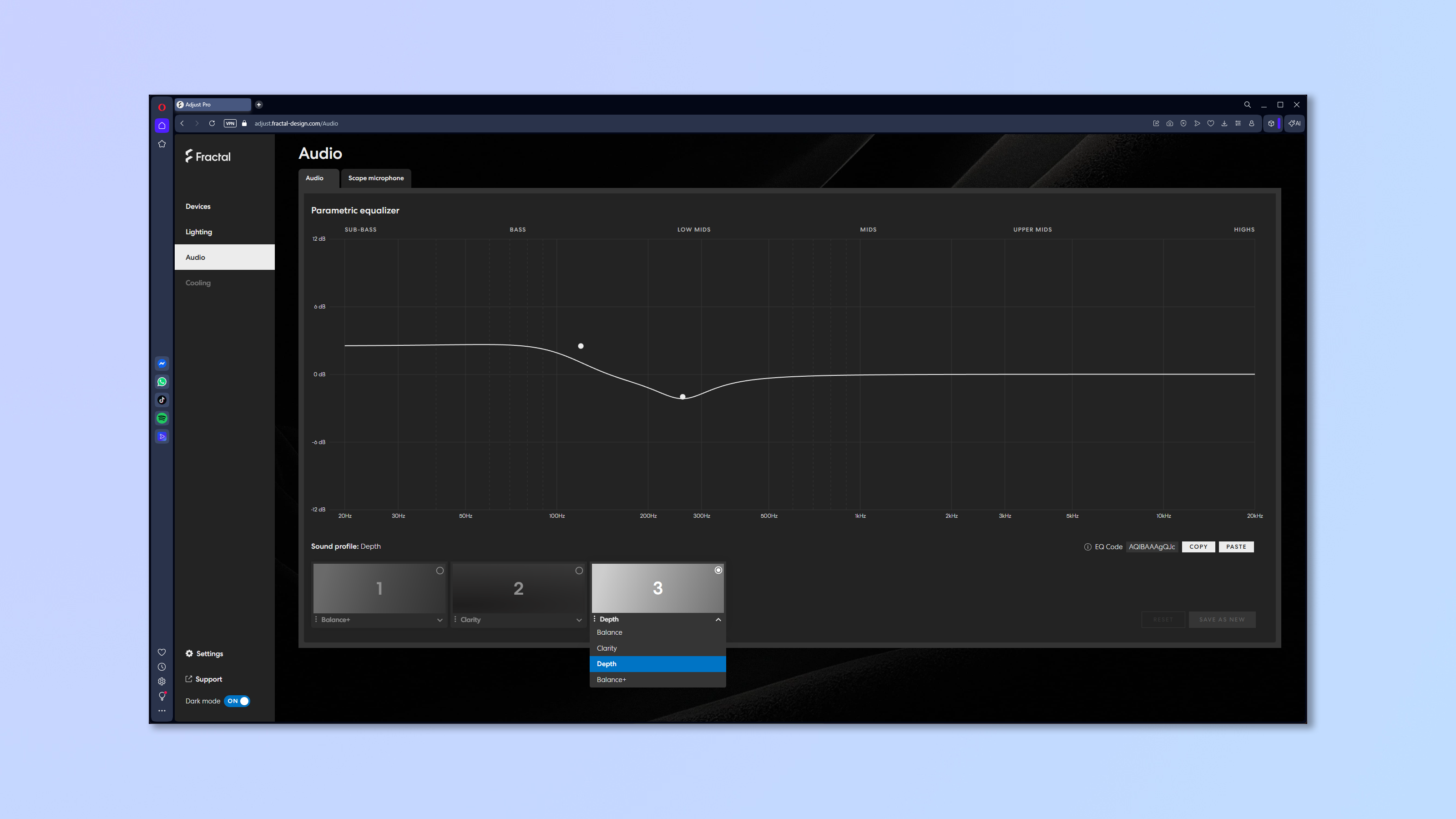 The Fractal Design Adjust Pro app being used to adjust custom EQ