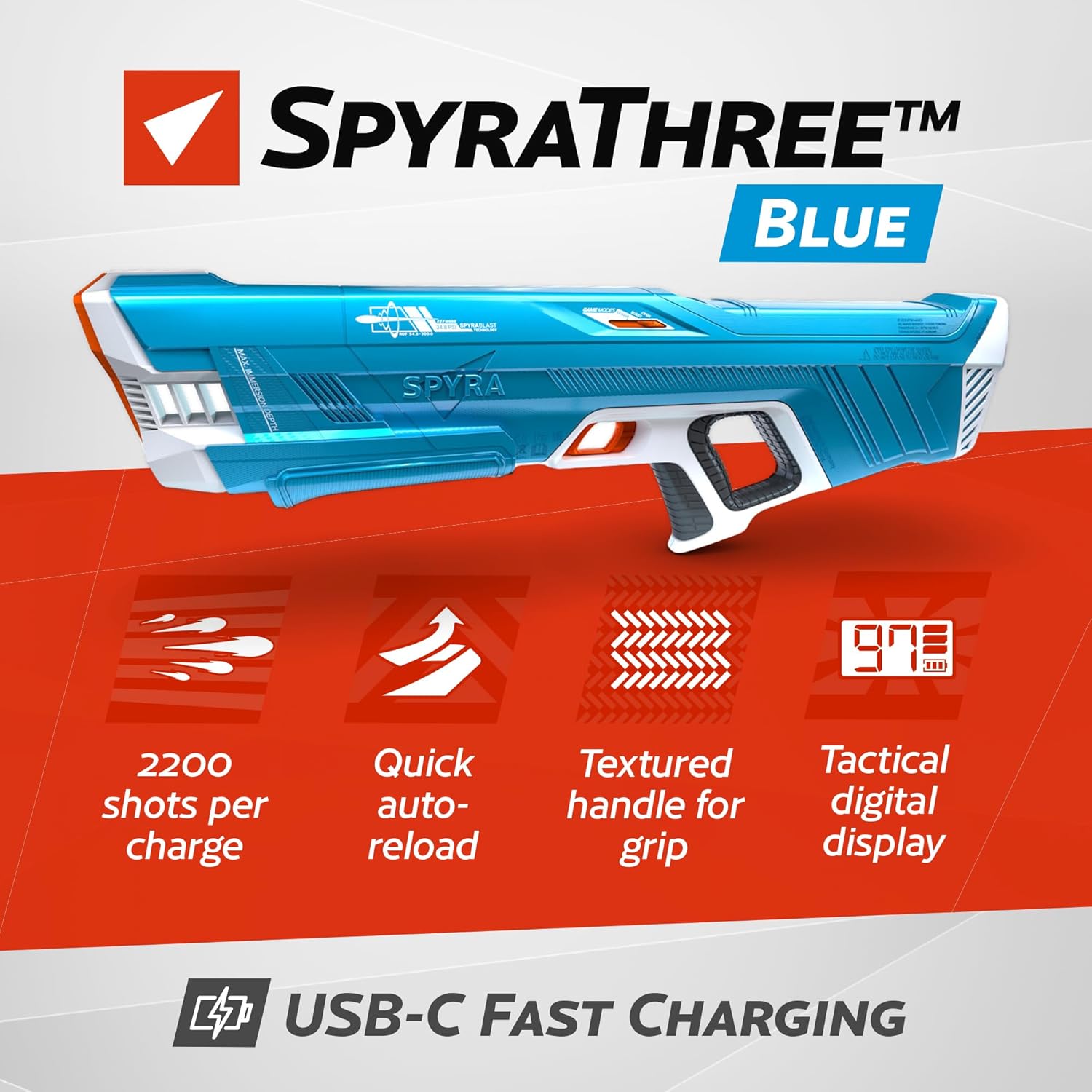 Spyra - Spyrathree Waterblaster - Electric &amp;amp; Automated Premium Water Gun With the Switch - Decide Between 3 Epic Game Modes (blue)