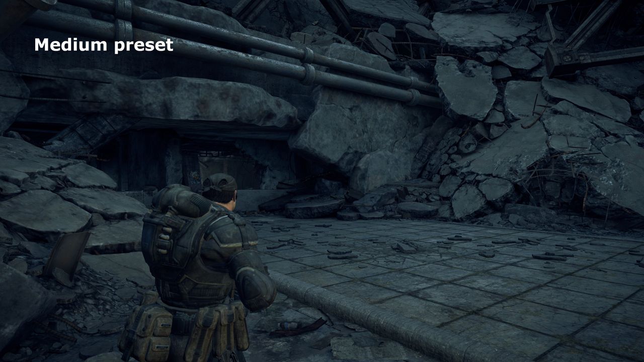 A screenshot of the PC version of Gears of War: Reloaded, showing the visual impact of using the Medium quality preset