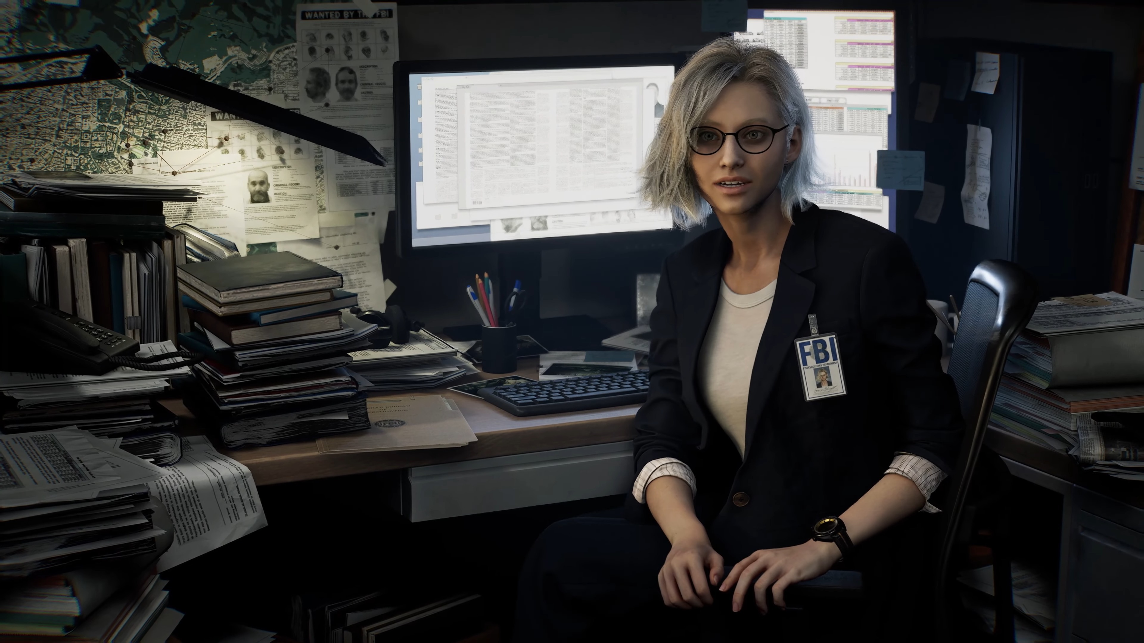 Resident Evil Requiem trailer screenshot of Grace Ashcroft in the FBI office