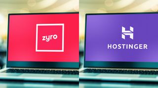 Zyro and Hostinger logo on a laptop screen on top of a desk