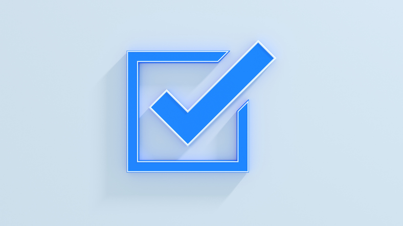 blue box with a check mark inside