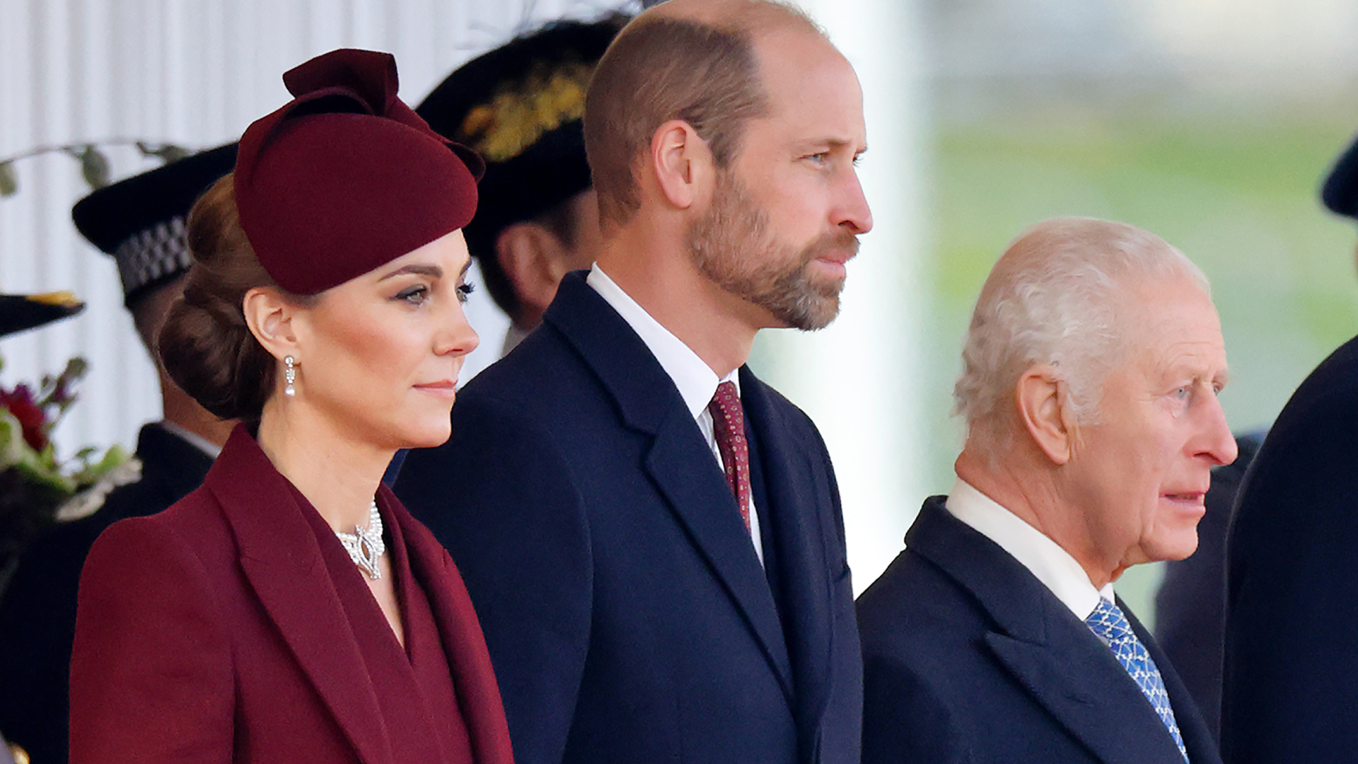 Princess Kate, Prince William, and King Charles III attend the Ceremonial Welcome, at Horse Guards Parade, for the Qatar State Visit to the United Kingdom on December 3, 2024