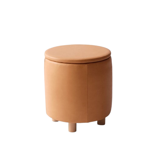 An orange leather storage ottoman