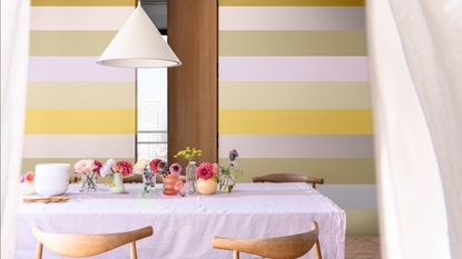 A dining room with painted stripes