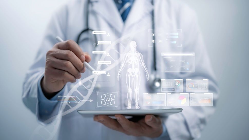 A doctor holding a tablet showing holograms of a skeleton, DNA, and other medical diagrams.