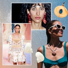 graphic collage of seashell necklaces, bracelets, and earrings, a seashell necklace from Ulla Johnson, and fashion week street style guests wearing shell jewelry