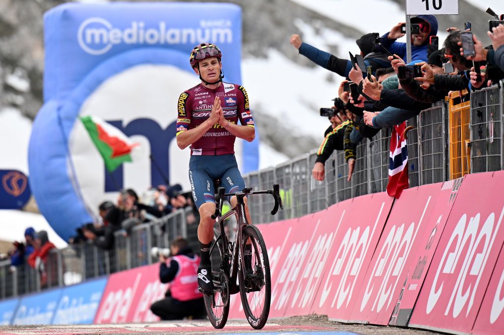GRAN SASSO DITALIA CAMPO IMPERATORE ITALY MAY 12 Karel Vacek of Czech Republic and Team Corratec Selle Italia crosses the finish line on second place during the 106th Giro dItalia 2023 Stage 7 a 218km stage from Capua to Gran Sasso dItalia Campo Imperatore 2123m UCIWT on May 12 2023 in Gran Sasso dItalia Campo Imperatore Italy Photo by Stuart FranklinGetty Images