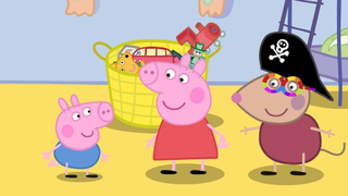 A screenshot from My Friend Peppa Pig, in which Peppa and her friend are standing in front of a basket full of toys with a smaller child.