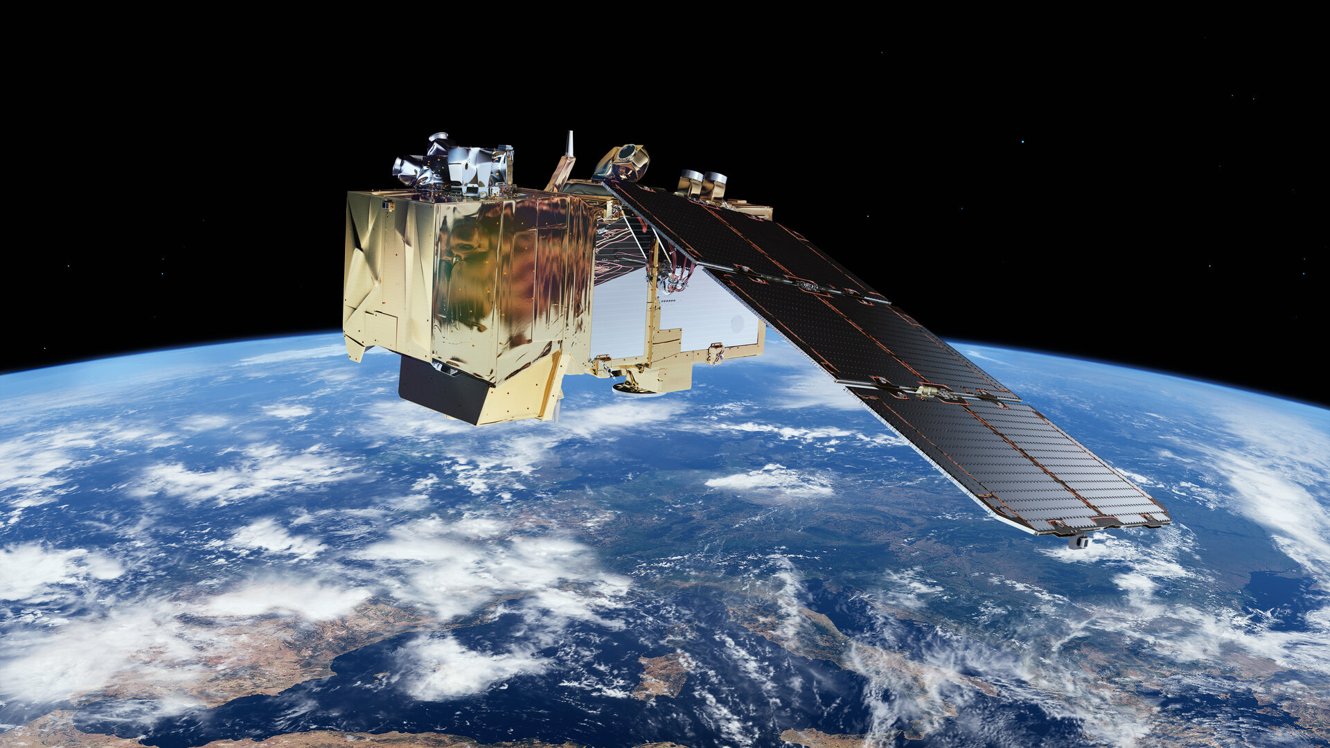 illustration of a boxy golden satellite with long solar arrays orbiting earth