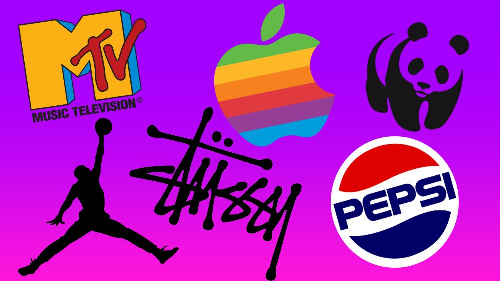 Six of the best logos of the 1980s on a purple and pink gradient background