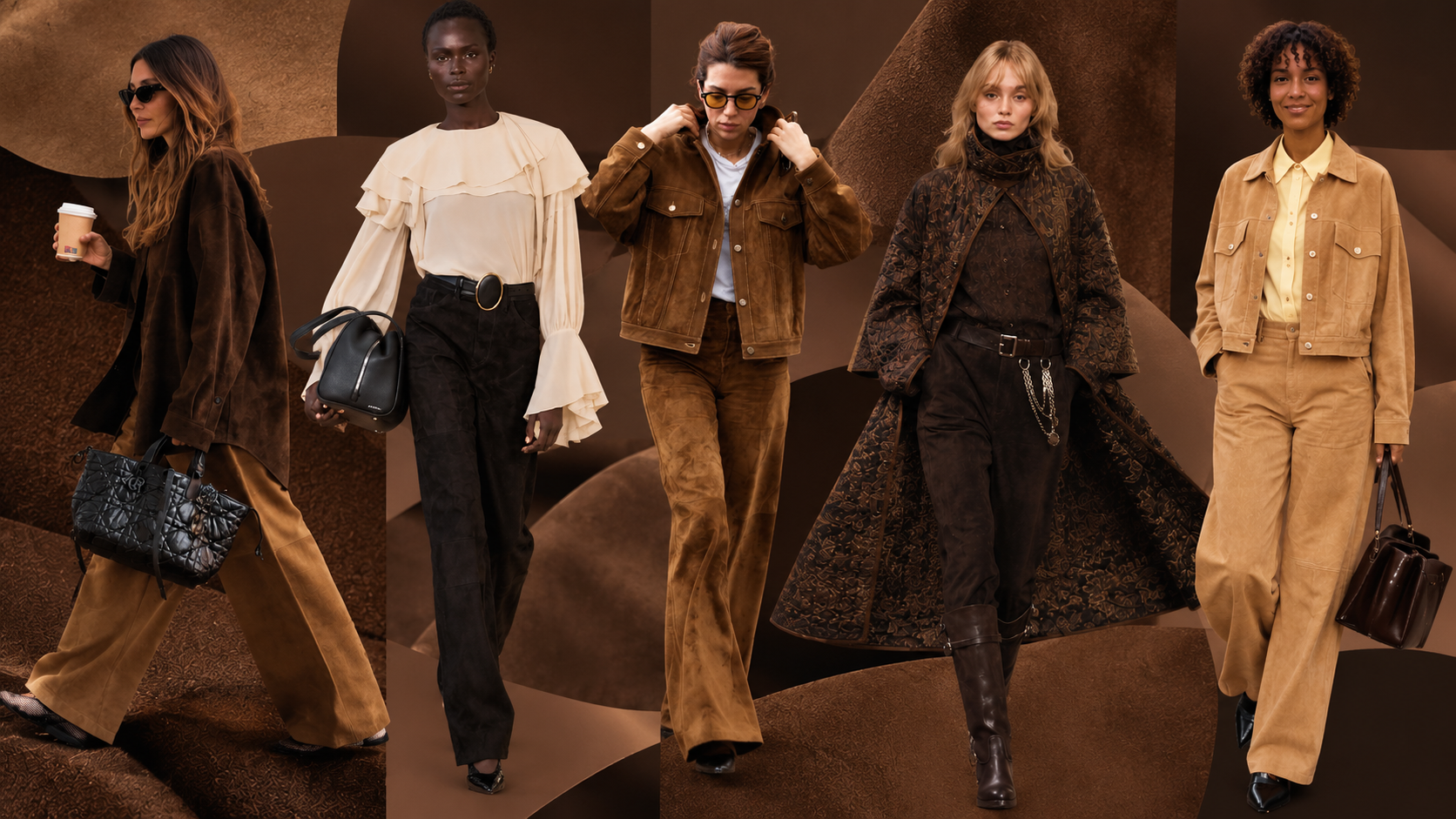 collage of six suede pants looks in rich shades of chocolate brown, camel, and tan, featuring a mix of runway and street-style outfits.