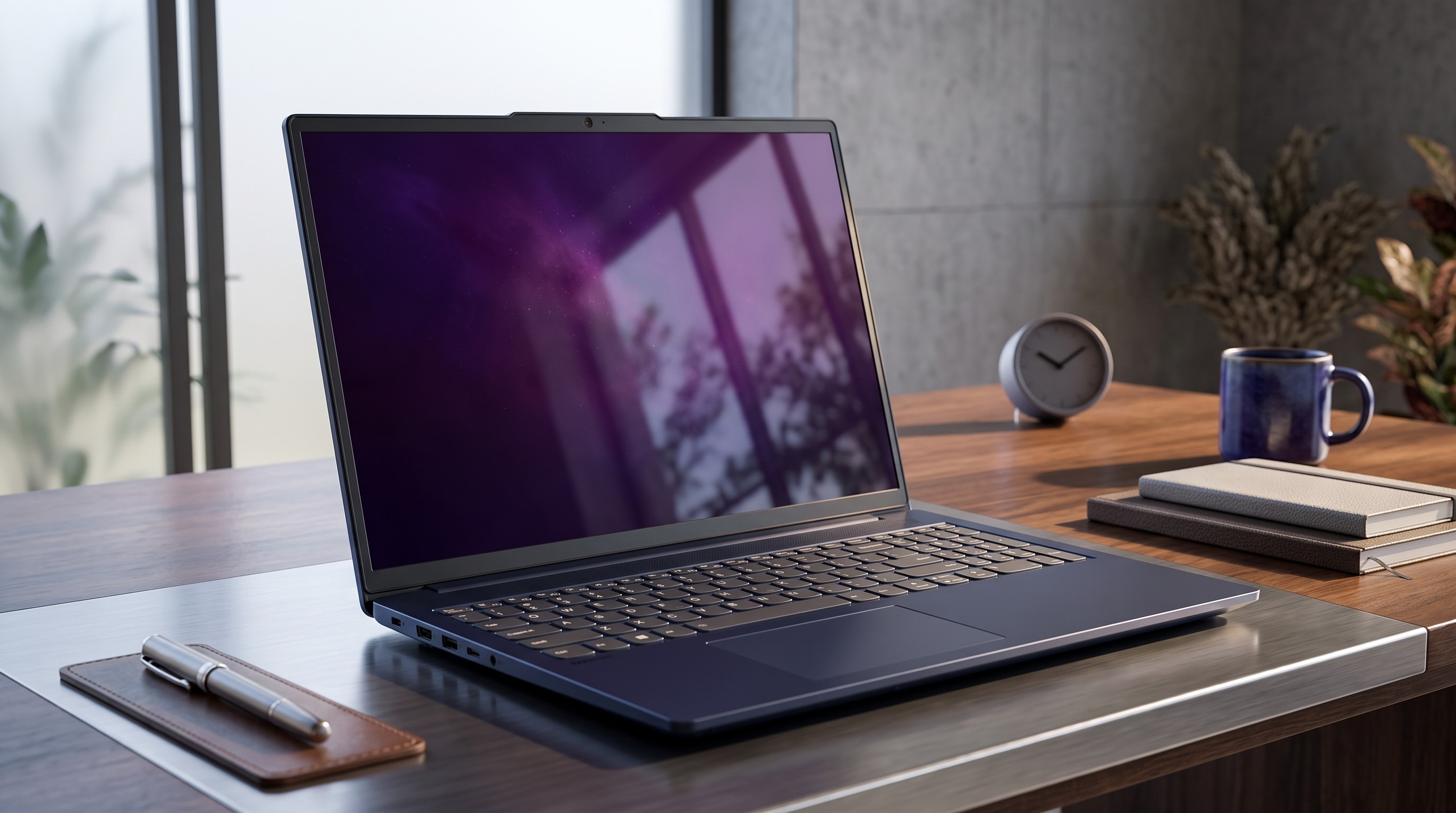 The Lenovo IdeaPad Slim 5 on a desk in front of a window