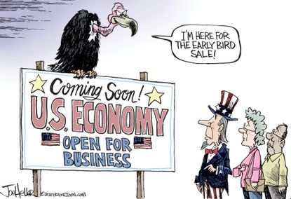 Political Cartoon U.S. economy reopen coronavirus deaths
