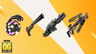 A boogie bomb and other Fortnite OG Season 2 weapons side by side against a yellow background