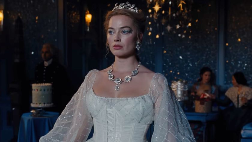 Margot Robbie wearing a sparkly white gown in Wuthering Heights. 