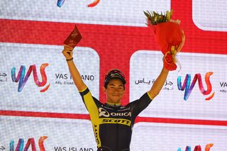 Caleb Ewan celebrates his Abu Dhabi Tour stage 4 win.