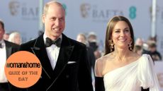 Catherine, Princess of Wales and Prince William, Prince of Wales attend the EE BAFTA Film Awards 2023 with a W&H quiz of the day roundel over the top of the picture