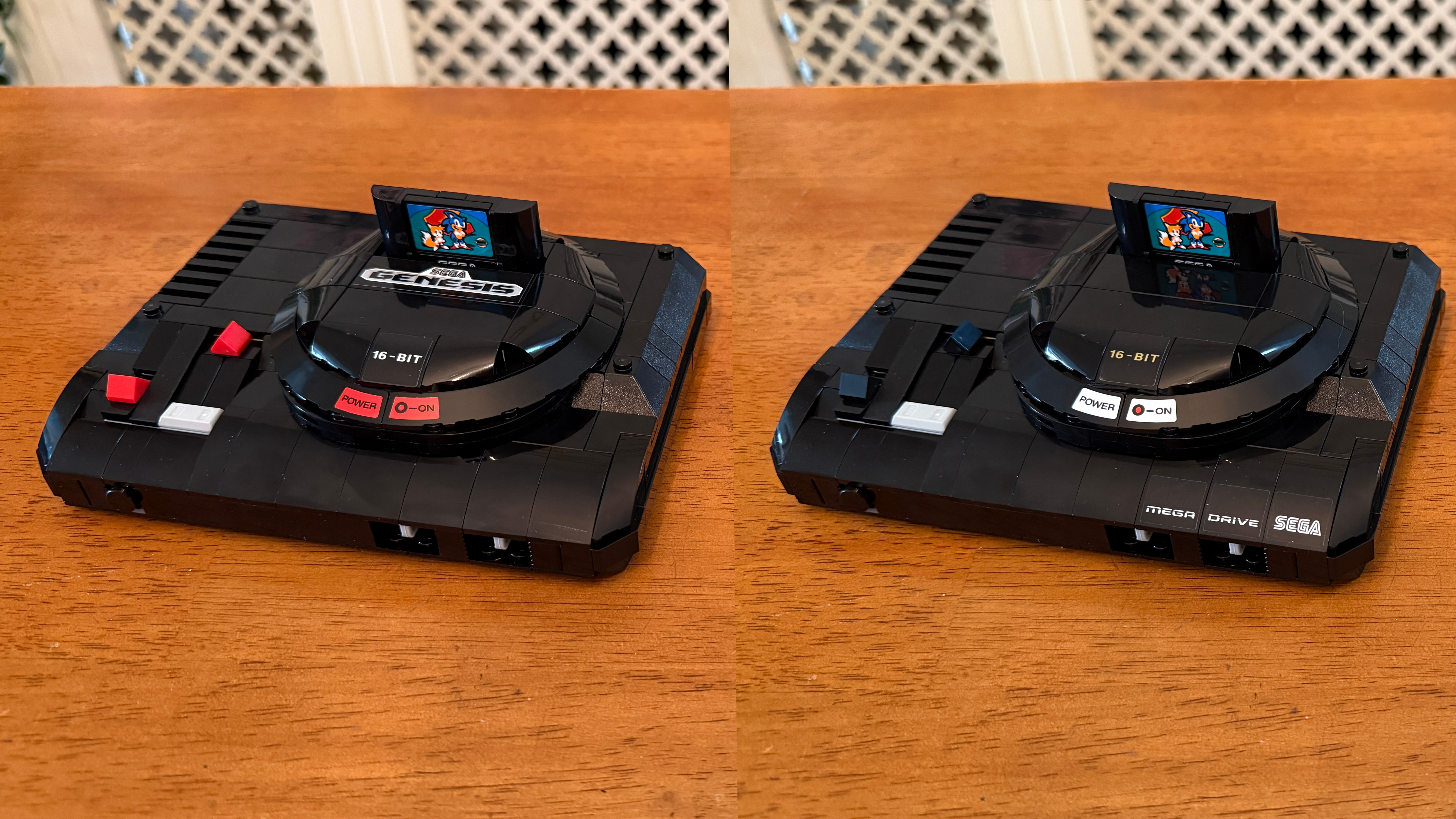 A composite image of the two versions (Genesis and Mega Drive) of the Lego Sega Genesis Console #40926 side by side