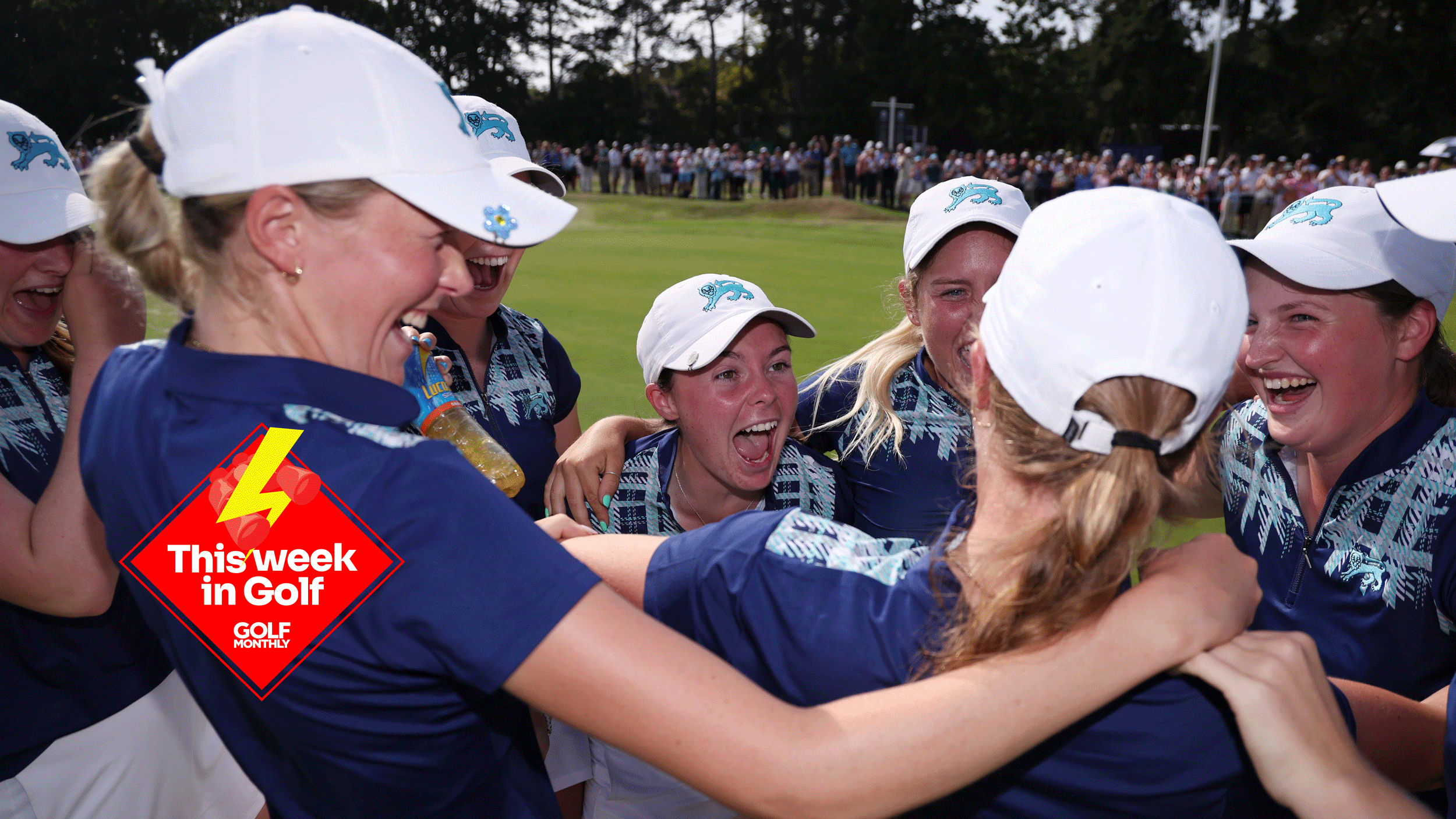 Team GB&I celebrate winning the Curtis Cup in 2024 with the This Week In Golf sticker in the bottom left