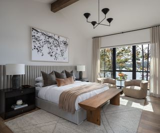 cabin contemporary bedroom cream walls with lake view