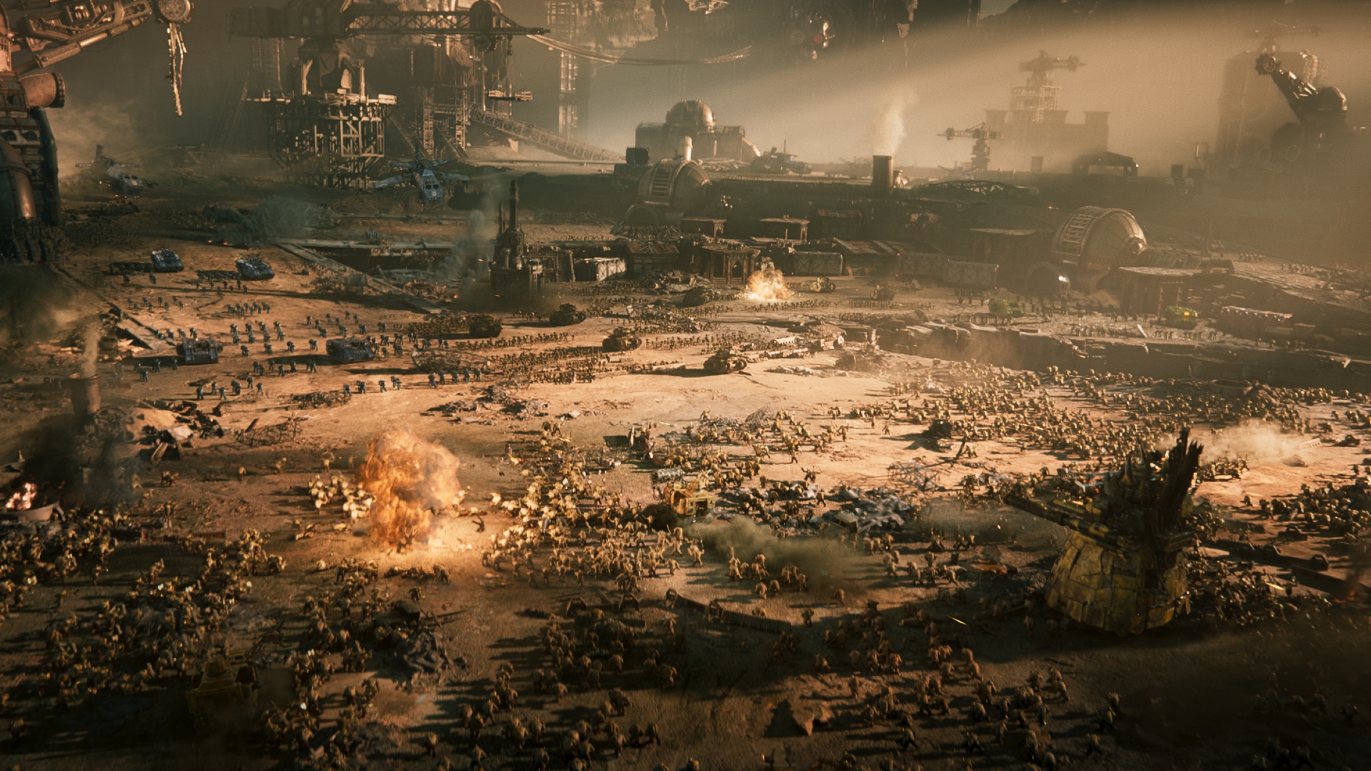 A vast battlefield in Total War: Warhammer 40,000 where columns of soldiers march at each other amidst explosions