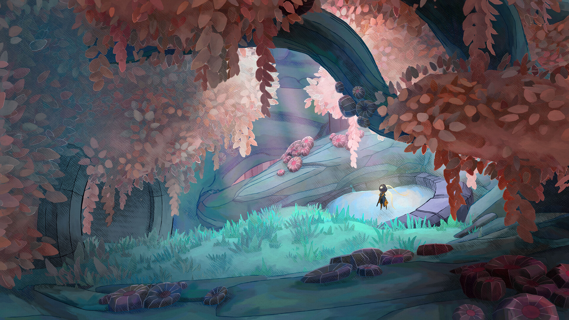 MIO: Memories in Orbit screenshot of protagonist android MIO standing in a painterly forest scape