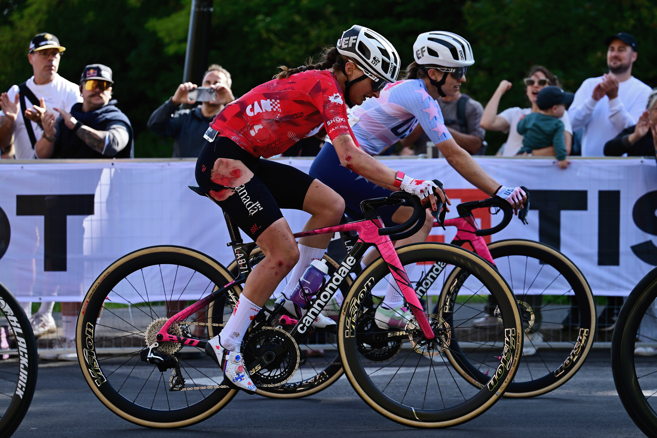 Magdeleine Vallieres of Canada and Team Canada injured after crash during the 99th UCI Road World Championships Montreal 2026 - Women Elite Road Race a 180.1km one day race from Brossard to Montreal on September 26, 2026 in Montreal, Quebec. (Photo by Tim de Waele/Getty Images)