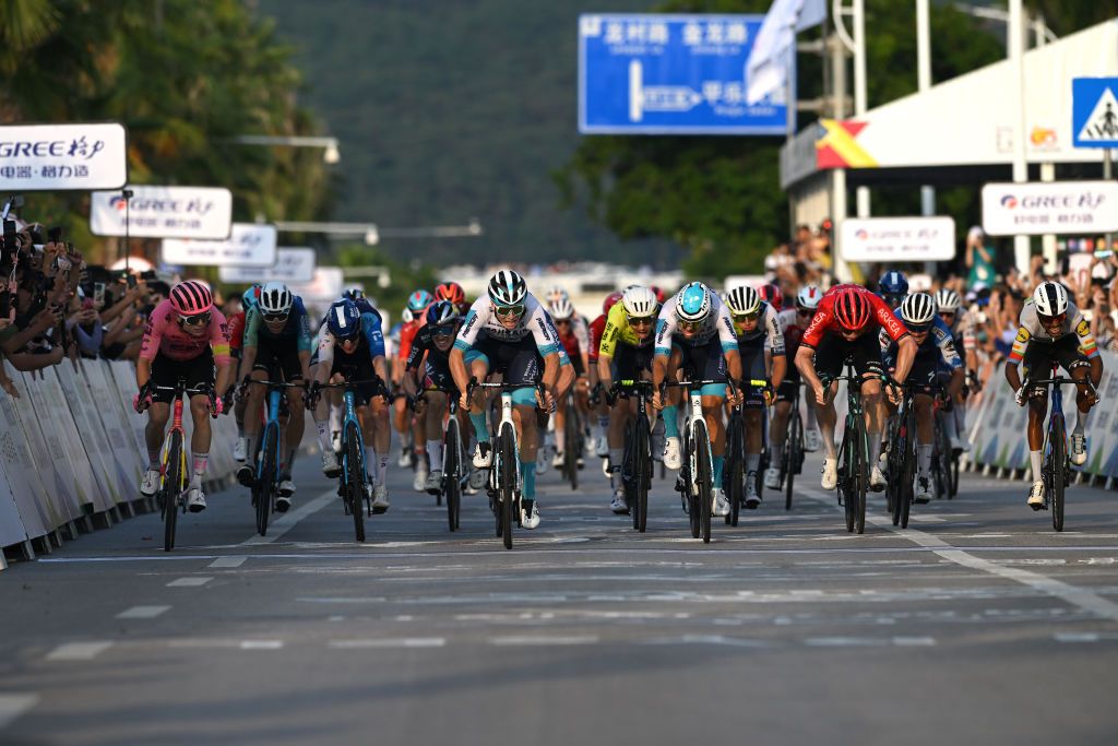 NANNING CHINA OCTOBER 20 LR Marijn van den Berg of The Netherlands and Team EF Education EasyPost Joseph Blackmore of The United Kingdom and Team Israel Premier Tech stage winner Matevz Govekar of Slovenia and Team Bahrain Victorious Robert Stannard of Australia and Team Bahrain Victorious Matis Louvel of France and Team Arkea BB Hotels and Natnael Tesfatsion of Eritrea and Team Lidl Trek sprint at finish line during the 5th GreeTour of Guangxi 2024 Stage 6 a 134km stage from Nanning to Nanning UCIWT on October 20 2024 in Nanning China Photo by Dario BelingheriGetty Images