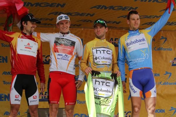 Jersey winners in stage one (L-R): KOM - Paul Mach (Bissell Pro Cycling); Best Young Rider - Alexander Kristoff (BMC Racing Team); Leader and Sprint - Mark Cavendish (HTC-Columbia); Most Courageous - Maarten Tjallingii (Rabobank).