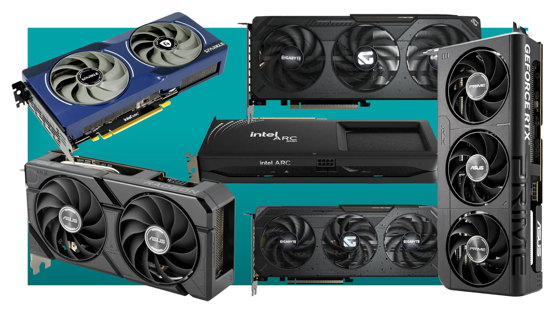 A collage of six different graphics cards against a teal background with a white border.