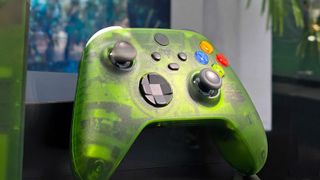 Xbox Series X25 translucent green controller displayed in a glass case at Xbox Games Showcase 2026