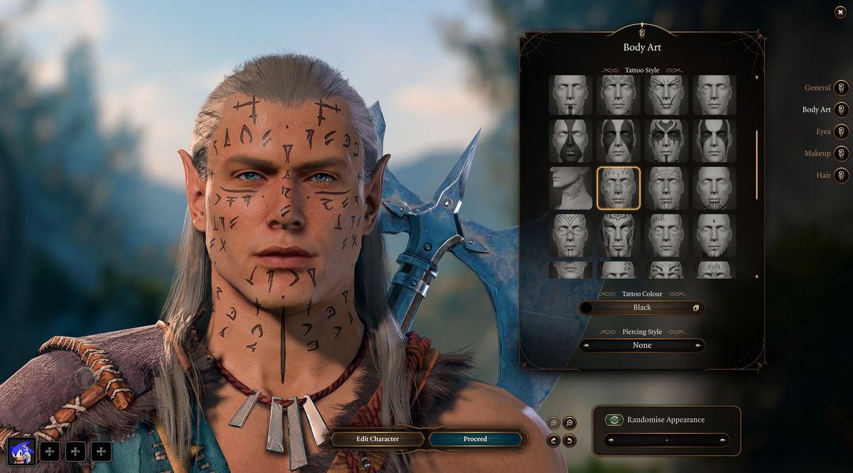 A tattooed elf face.