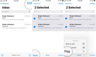 How to flag several emails on iPhone and iPad by showing steps: Tap on Edit, select the emails you want to flag, tap on Mark, tap on Flag