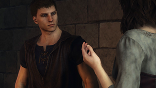 A quizzical-looking Arisen with short red hair and a numerous amount of scars looks gently confused as something is explained to him in Dragon's Dogma 2.