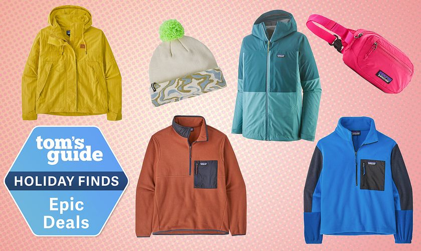 Collage of Patagonia jackets floating on a colorful background next to a "Tom's Guide Epic Deals" badge