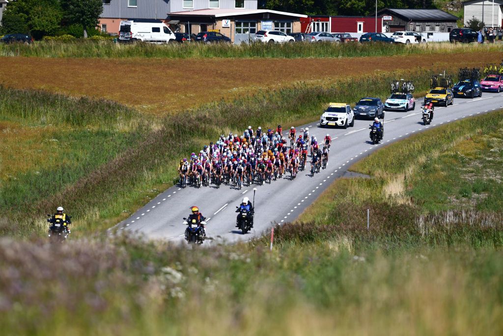 STROMSTAD SWEDEN AUGUST 10 A general view of the peloton competing during the 8th Tour of Scandinavia 2022 Battle Of The North Stage 2 a 1538km stage from Orust to Strmstad UCIWWT tourofscandinavia TOSC22 on August 10 2022 in Stromstad Sweden Photo by Luc ClaessenGetty Images