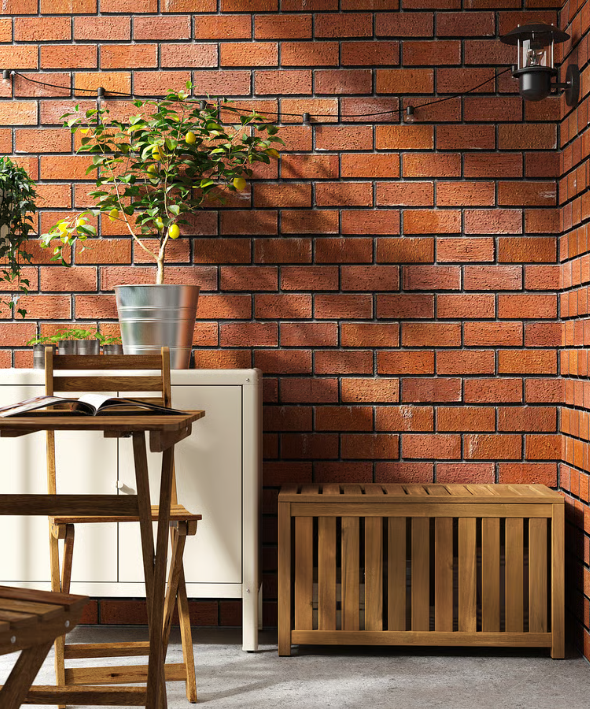 an outdoor scene with a storage bench