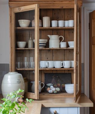 vintage pine glass fronted kitchen cabinet