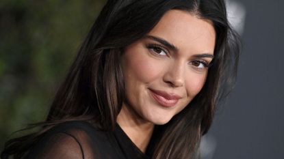 Kendall Jenner smiling at the camera while at the film gala in LA, with a subtle brown eye, and slightly overlined lip