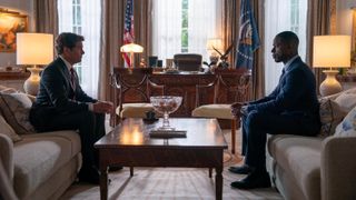 President Cal Bradford (James Marsden) sitting opposite Xavier Collins (Sterling K. Brown) in the Oval Office in Hulu's "Paradise"