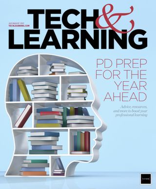 Tech and Learning's July August 2021 cover illustration: Stacks of books within head-shaped housing.