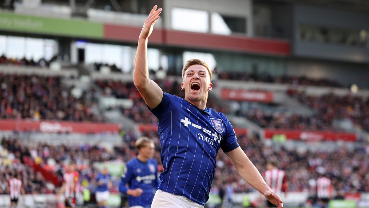 Ipswich Town&#039;s Liam Delap celebrates scoring against Brentford in an October 2024 Premier League match.