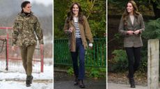 Composite of three pictures of Kate Middleton wearing her Berghaus hiking boots, Reiss Chelsea boots and See By Chloe combat boots respectively 