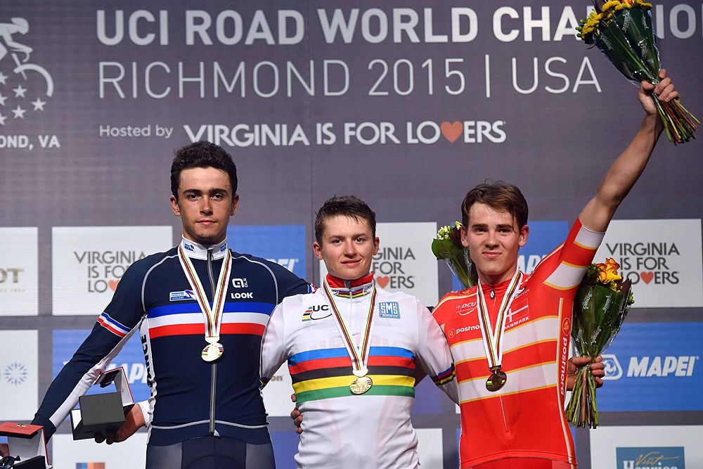 Junior men's podium (l-r): Clement Betouigt-Suire (France), Felix Gall (Austria), Rasmus Pedersen (Denmark)